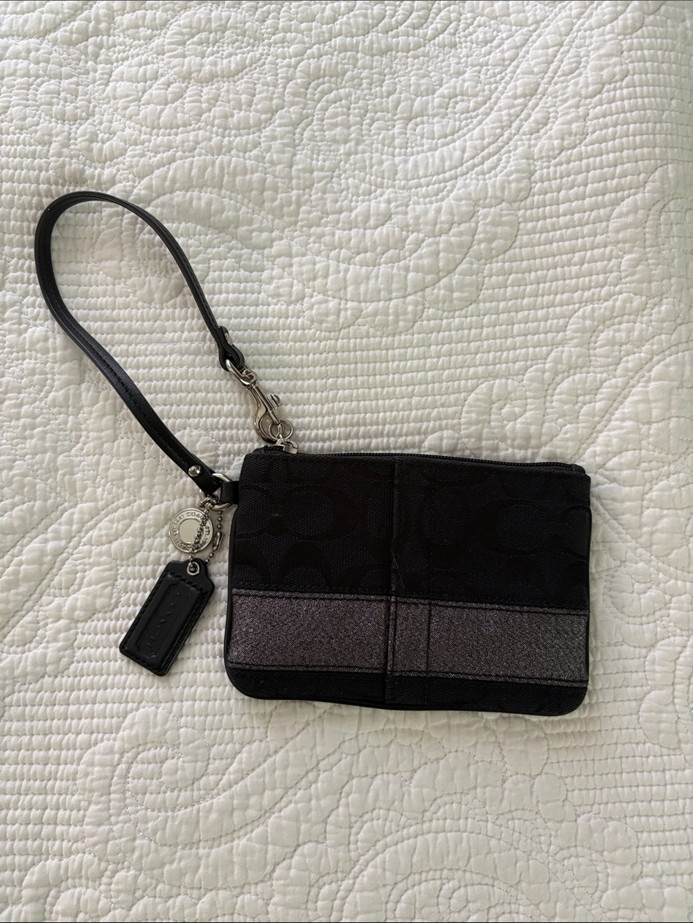 Coach Black Signature Wristlet with Metallic Gray Stripe